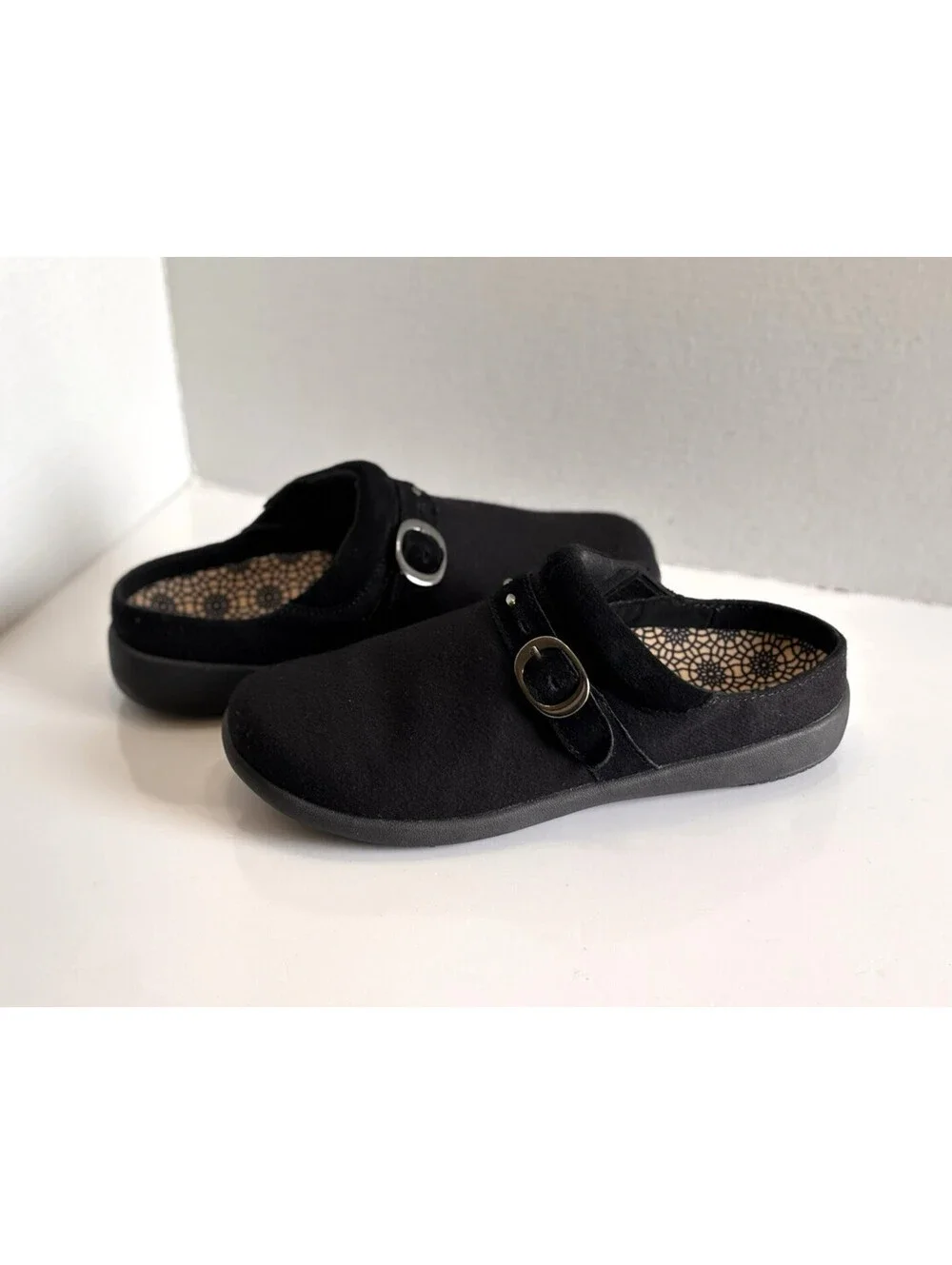 Spenco Ashley Mule Clogs Women's Sz 9.5 Black Wool Buckle Orthotic Comfort Shoes